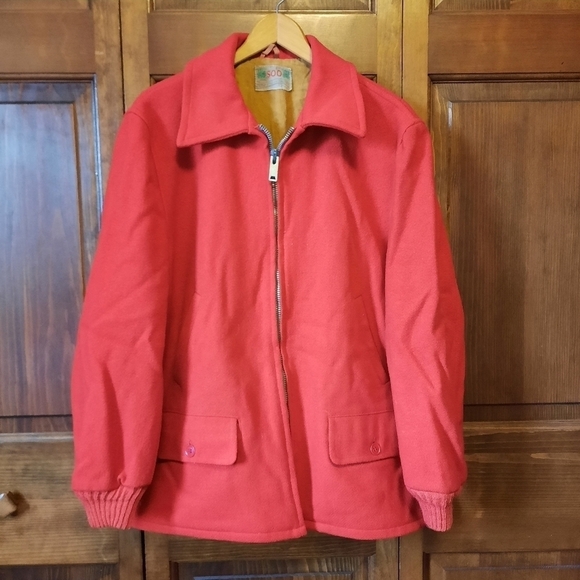 Soo Other - Vintage 1960s Soo wool red knit insulated full metal zipper hunting field coat